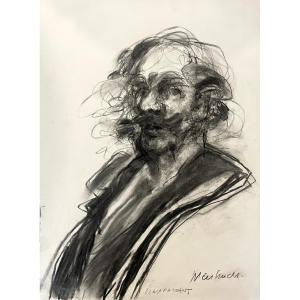 Claude Weisbuch – Portrait Of Guy De Maupassant – Charcoal