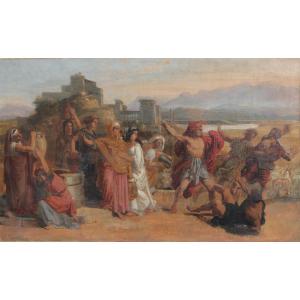 French School, 19th Century - Moses Defending Jethro's Daughters At The Well - Oil On Canvas