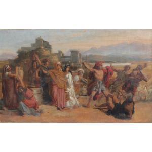 French School Of The 19th C. - Moses Defending Jethro's Daughters At The Well - Oil On Canvas