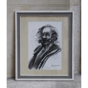 Claude Weisbuch - Portrait Of Guy De Maupassant - Charcoal