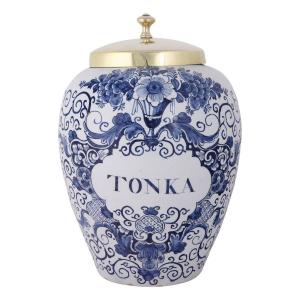 Dutch Delft Tobacco Jar With Original Brass Lid: Tonka, 18th Century