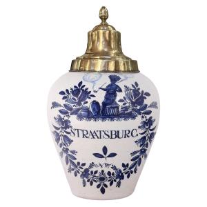 Dutch Delft Tobacco Jar With Original Brass Lid: Straatsburg, 18th Century