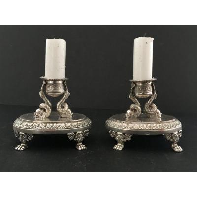 Pair Of Small Silver Toilet Candlesticks Paris 1819-1839