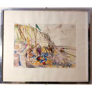 Marc Bouteau French School XXth Watercolor And Colored Pencils Le Tréport The Cliffs