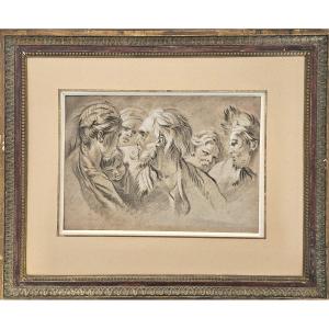 School Of François Boucher XVIIIème Studies Of Heads Drawing