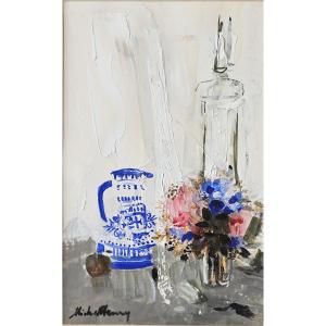 Michel Henry (1928-2016) Still Life With Pitchers And Flowers Oil On Paper Signed