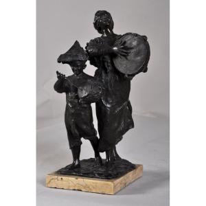 Street Musicians", Bronze Sculpture With Brown Patina