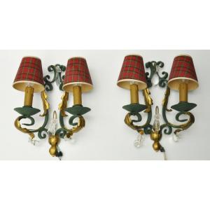 Pair Of Wrought Iron And Crystal Sconces