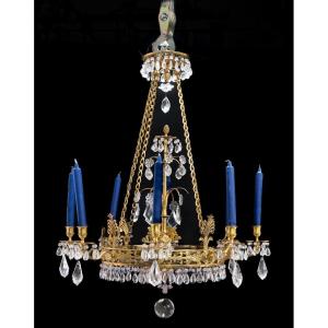 Chandelier In Rock Crystal, Blue Glass And Gilt Bronze, Sweden, Circa 1830.