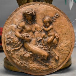 Satyress Playing With A Child Satyr Terracotta Medallion After Clodion 19th Century