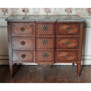 Louis XVI Commode In Fruitwood Marquetry With A Marble Top
