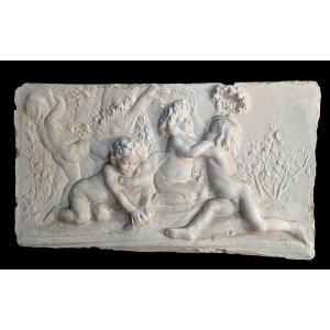 Plaster Bas-relief, A Lively Scene Of Putti In A Bucolic Setting, 18th Century