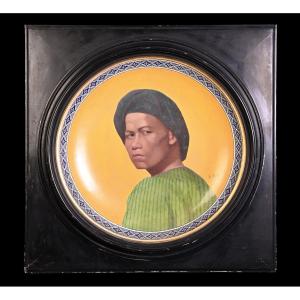 Large Ceramic Tondo In Orientalist Style, Portrait Of A Moor (circle Of Emile Signol)