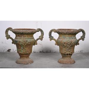 Pair Of Cast Iron Garden Vases With Handles, Floral And Figurative Decoration, 19th Century