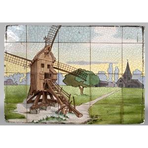 Earthenware Tile Wall Panel Decorated With A Pivot Mill In A Village Landscape