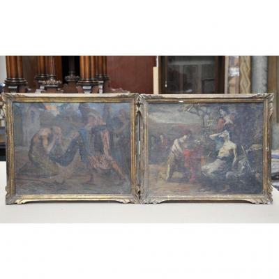 Pair Of Oils On Canvas, Episodes Of Joseph's Coat, 19th Century