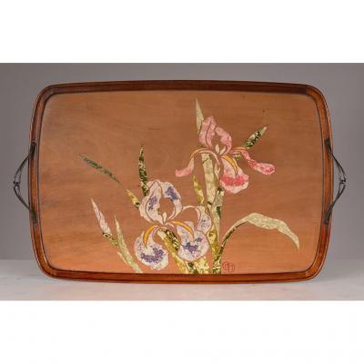Art Nouveau Tray With Scagliola Decor, Signed