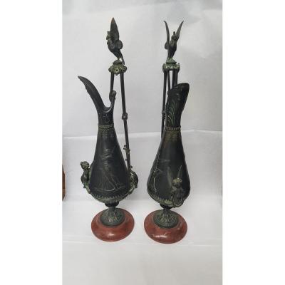 Pair Of Ewers In Patinated Bronze Entourage By Ferdinand Barbedienne