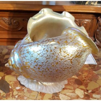 Johan Loetz Witwe Iridescent Yellow Glass Vase In The Shape Of A Conch