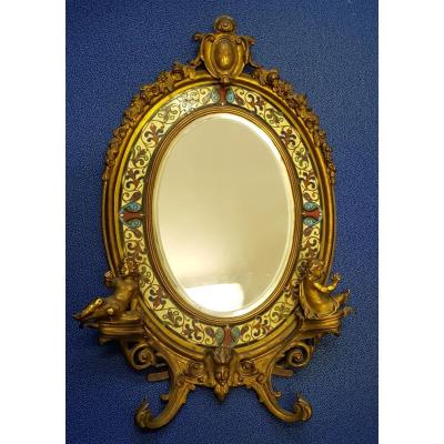 Gilded Bronze Oval Toilet Mirror With Cloisonné Enamel Decor