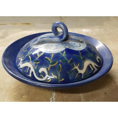 Coupe Couverte En Céramique émaillée Bleue Att. à Edouard Cazaux