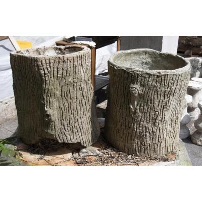 Pair Of  Tree Trunks Planters In Cement