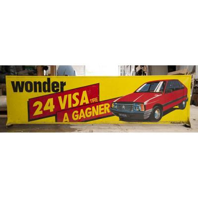 Large Vintage Advertising Board Wonder Batteries - Citroën Visa 11 Re To Win, Early 1980s