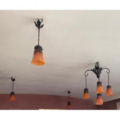 Art Deco Chandelier And Suspensions In Wrought Iron And Glass Paste