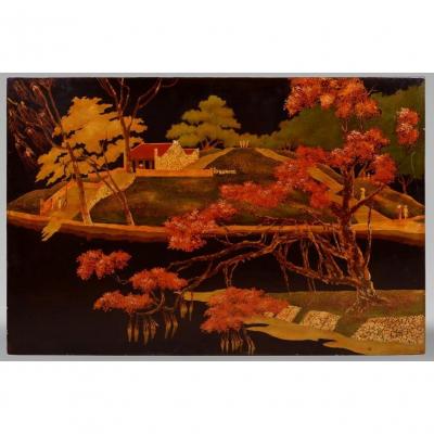 Vietnamese Landscape Lacquer On Panel