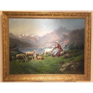 Shepherdess And Her Flock In Front Of A Mountain Lake By Theodore Levigne (1848-1912)