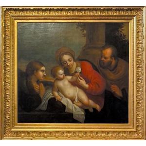 Oil On Canvas<<the Holy Family And Saint Catherine In Prayers>>italian School, 18th Century