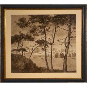 Pierre Labrouche (1876–1956)  Maritime Landscape With Pines – View Of A Port