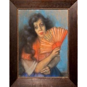 Delétang Robert-adrien (1874-1951) “spanish Fan” Pastel Signed And Dated.