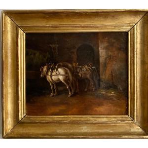 19th Century Oil On Canvas – Stable Interior With Harnessed Draft Horse And Helmeted Figure