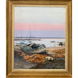 Lescure Jean (1934) “boats At Low Tide” Oil On Canvas