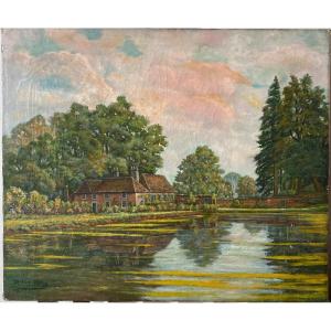 Jmaes De Dycker England 1915 Oil On Canvas “manor At The Bottom Of The Lake”