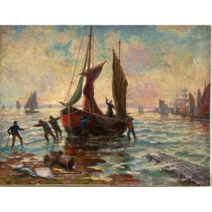 A.hercouët . Oil On Canvas “return To The Fishing Port”
