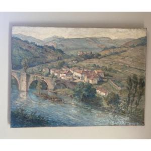 A.charton Oil On Canvas Late 19th Early 20th Century "village On The Banks Of The Adour"