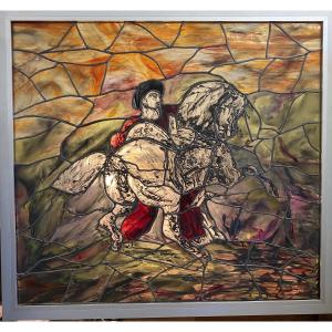 Painted Stained Glass, Signed Jean Hennau Maître Verrier(according To Gericault)