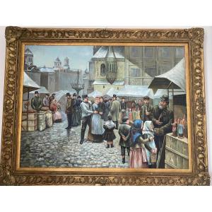 Lively Winter Market Scene – Signed Miroff, Dated 1956