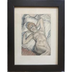Edouard Chimot (1880-1959) “nude Lying On White Sheets” Etching Enhanced 