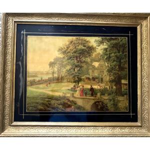 Polychrome Glass Painting – Scene Of Bourgeois Life Circa 1880
