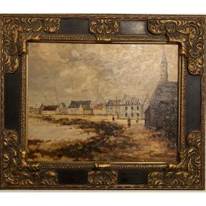 Oil On Canvas Signed Vebert – Lively Coastal Village Scene
