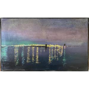 Illuminated Port – Night View Of The Sea Artist: Anne-françoise Comte-rommens (20th-21st Centuries)