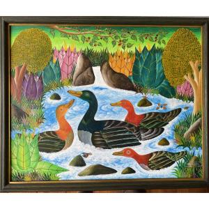 Adam Leontus (1923-1986) – Tropical Scene With Ducks Oil On Wood.