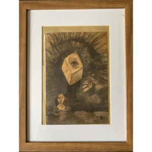 Attributed To Odilon Redon (1840-1916) – Symbolist Charcoal, “eye Cube”