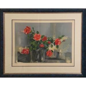 Louis Travert (1919) – Original Lithograph Signed “bouquet Of Roses”
