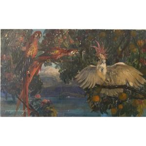 Georges Bergès (1870-1934) — “parrots And Cockatoos In The Orange Trees” Large Art Deco Oil Painting 