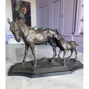 Solid Bronze – Mare And Her Foal. Antique Cast, C. 1970–1990