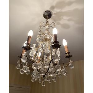 Antique Bronze And Crystal Chandelier With Faceted Drops – Late 19th / Early 20th Century